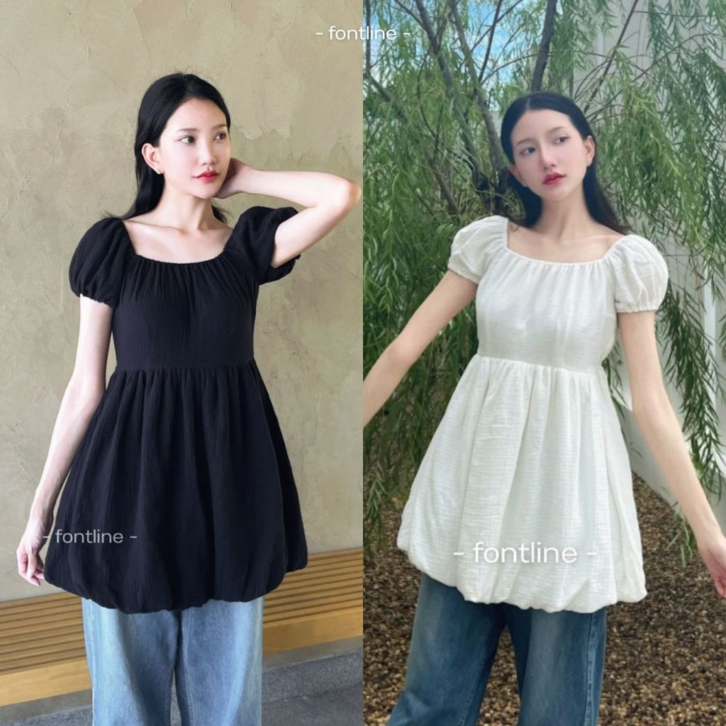 FONTLINE เดรสแขนตุ๊กตา ชายกระโปรงบอลลูน ผ้าสาลู2ชั้น ใส่สบายผ้านิ่ม มีซับด้านใน cotton salou เดรสน่า