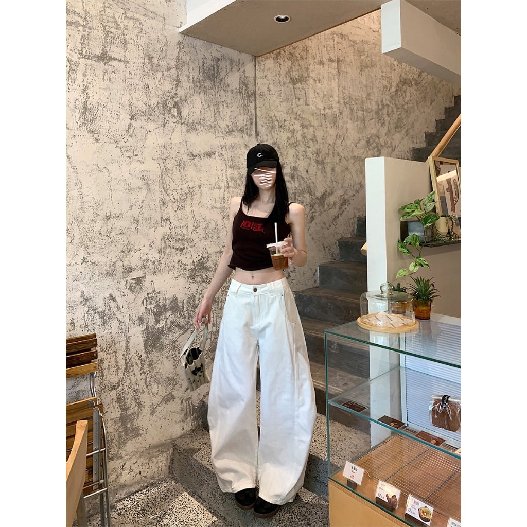 กางเกงยีนส์ผู้หญิงสีขาวสไตล์เกาหลี OOTD ขาใหญ่ทรงหลวม ดีไซน์ปลายบานแบบลากพื้น รูปที่ 6