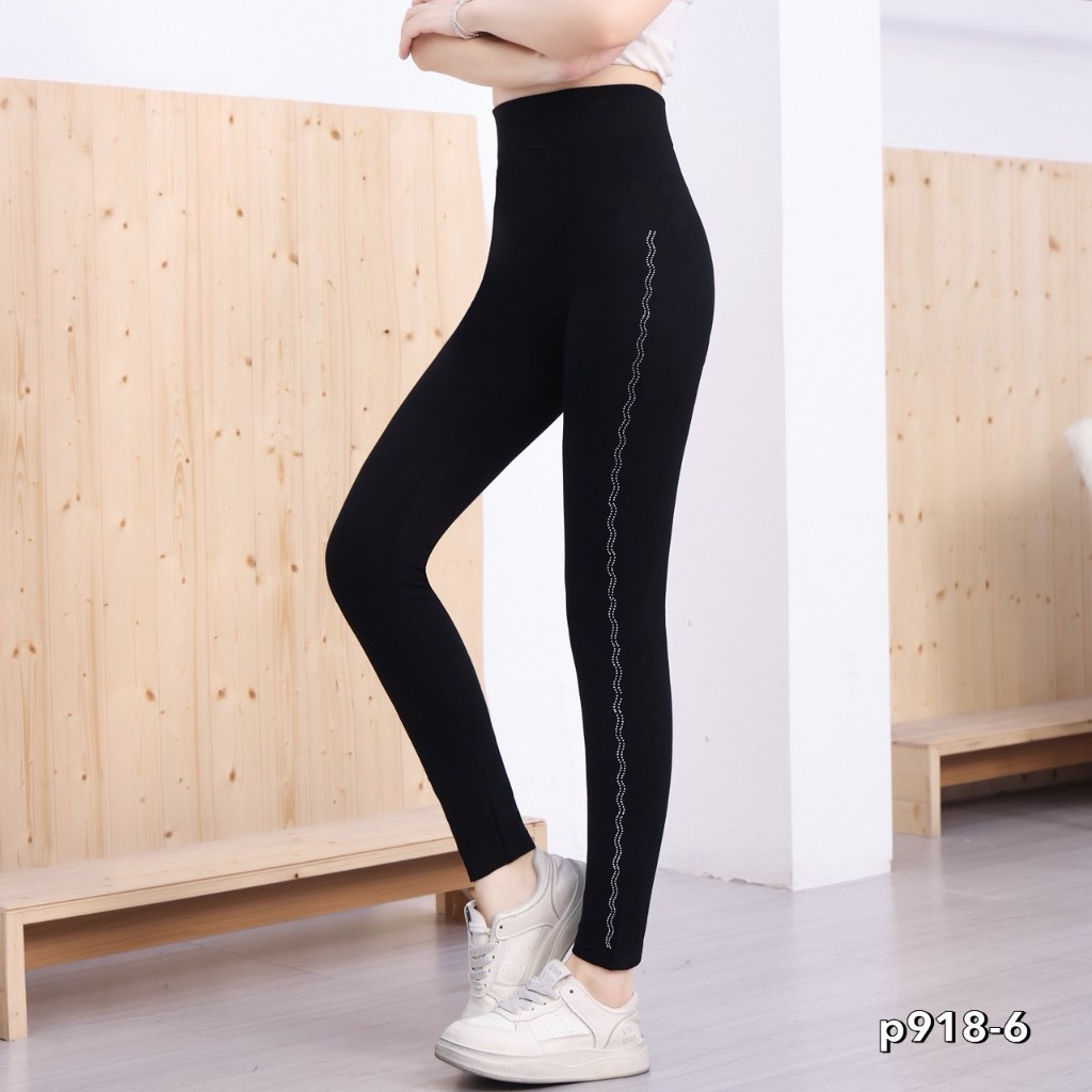 กางเกงเลกกิ้งผู้หญิง กางเกงเลกกิ้งขายาว ดีเทลเอวสูง ติดเพชร ผ้าทอ คอตตอนผสมสเปนเด็กช์ ใส่ออกกำลังกายได้ p918#