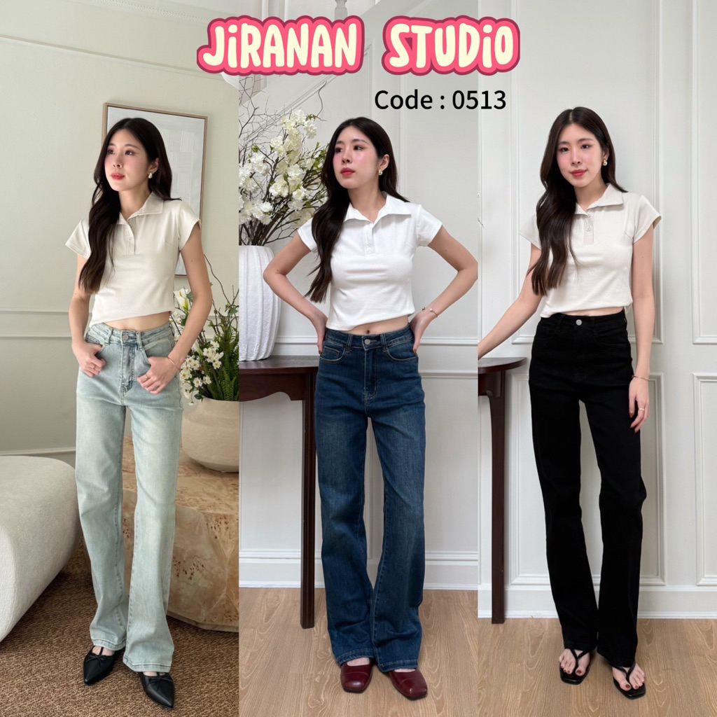 JIRANAN Code : 0513 กางเกงยีนส์ขากระบอกกลาง งานเบสิค ผ้ายืดเยอะ เอวสูง