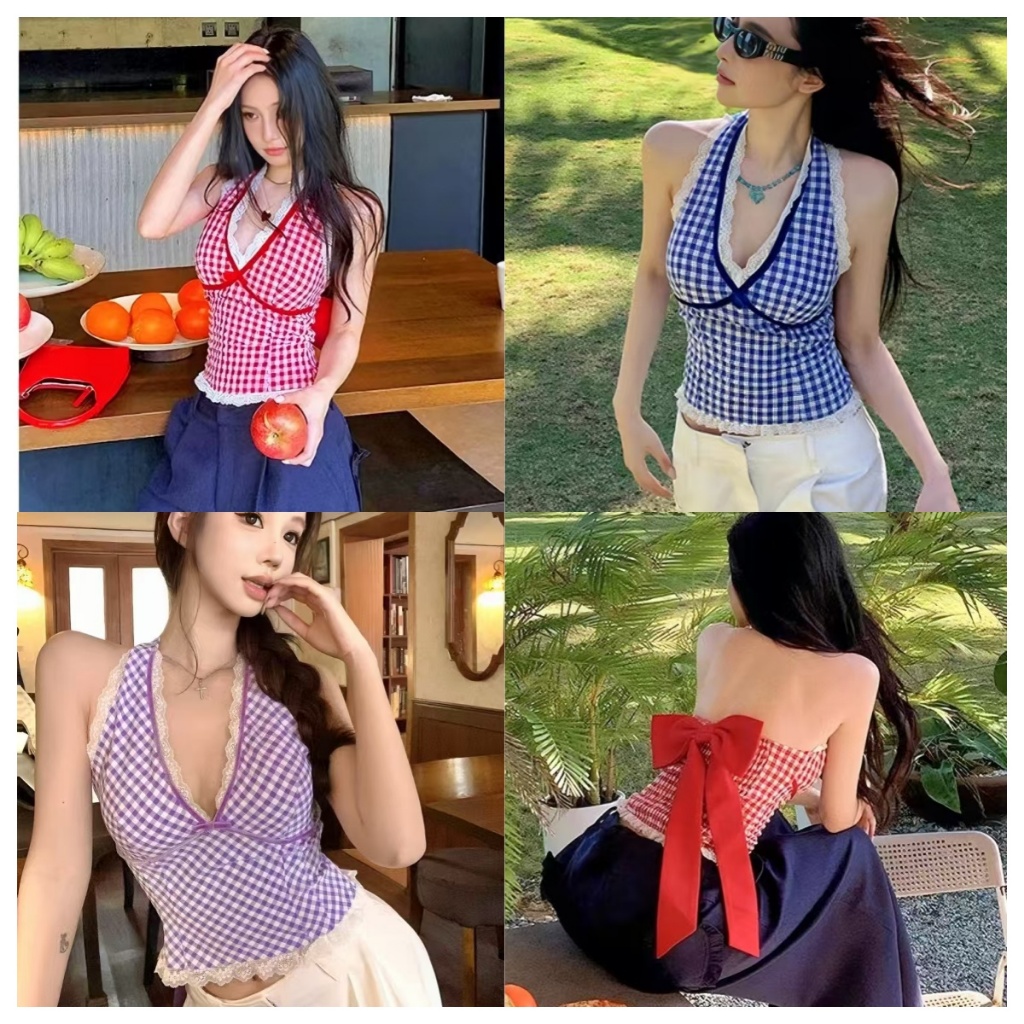 y2kเสื้อกล้ามหน้าวีลึก ฟองน้ำในตัว ลายสก๊อต หลังสม็อคยืดตามตัว ติดโบว์ใหญ่สามารถถอดได้ มี 5 สีให้เลือก จัดส่งจากกรุงเทพฯ