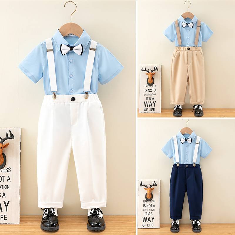 ชุดเซ็ทเด็กผู้ชาย เสื้อเชิ้ตแขนสั้น กางเกงขายาว พร้อมหูกระต่ายและสายเอี็ยมพร้อมส่งจากไทย