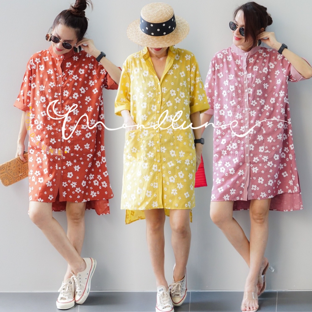 #3275 MondLune ชุดเดรสคอจีน แขนสั้น หน้าสั้น-หลังยาว ผ้าไหมจีน พิมพ์ลายดอกไม้
