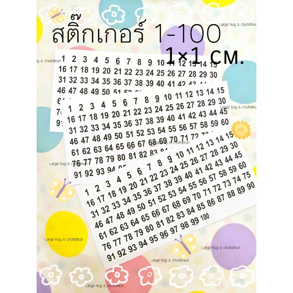 สติ๊กเกอร์กันน้ำ 1-100 ไม่มันเงา ทรงสี่เหลี่ยม 1×1 ซม.