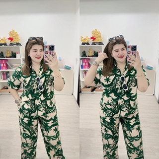 B104 ชุดเซ็ตฮาวายลายใบไม้สาวอวบ มี3ไซส์