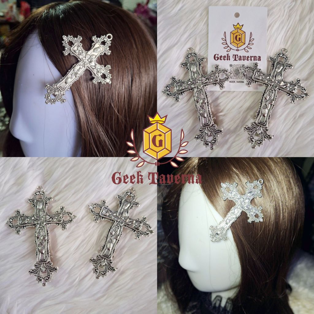 พร้อมส่ง ✨ กิ๊บติดผมรูปทรงไม้กางเขนสีเงินแกะสลักลายดอกไม้ กิ๊บติดผมไม้กางเขนสุดเท่ห์