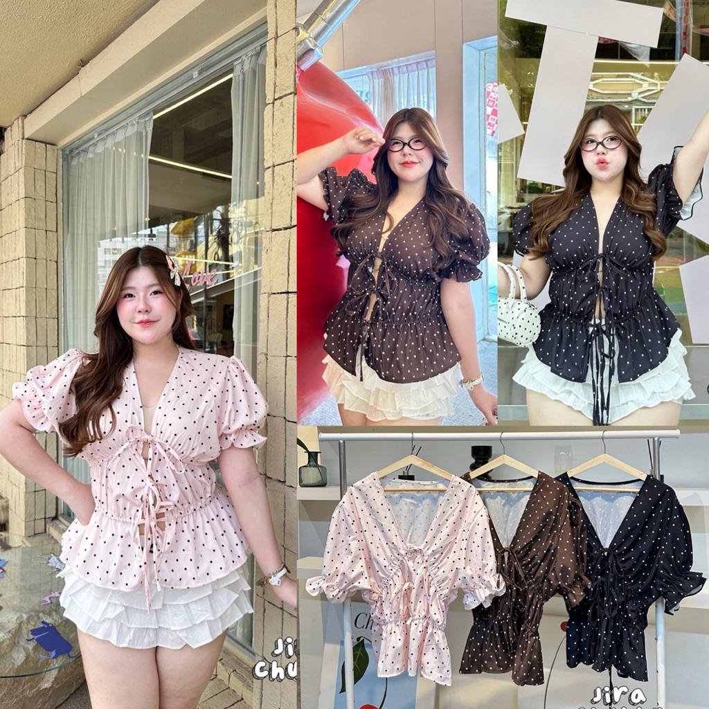✅เข้าเพิ่ม พร้อมส่งค่า /JR/ เสื้อแขนตุ๊กตาสาวอวบ ไซส์อก40-52 Polka Dot สุดฮิต ผูกโบว์หน้า น่ารักมาก #เสื้อไซส์ใหญ่