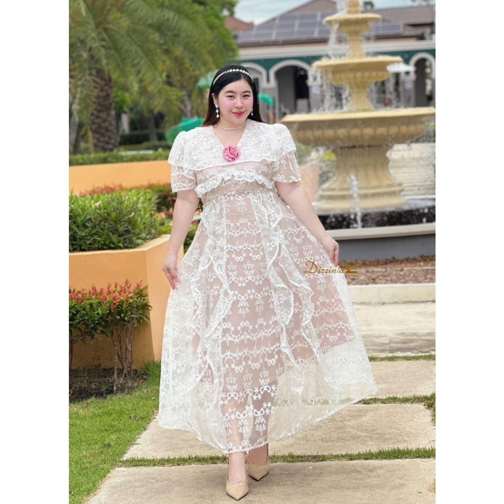 Dz332-แม๊กซี่เดรสซีทรูปักลูกไม้สีขาว(ซับนู้ด)