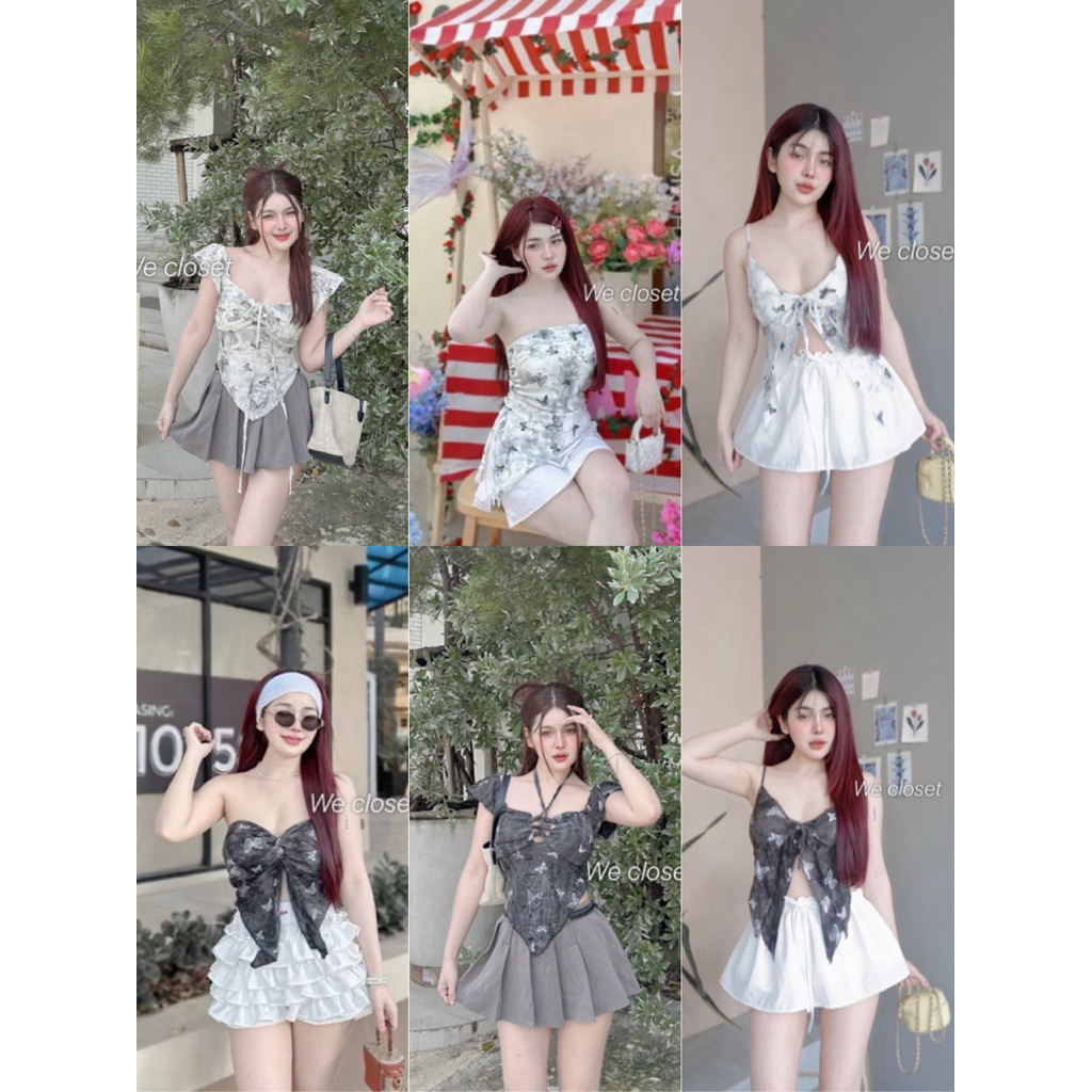 💕ShopBypuy💕เกาะอกผ่าหน้า🦋เสื้อลายผีเสื้อแต่งเพชรผ้าแต่งขาด💎เสริมฟองน้ำ🦋