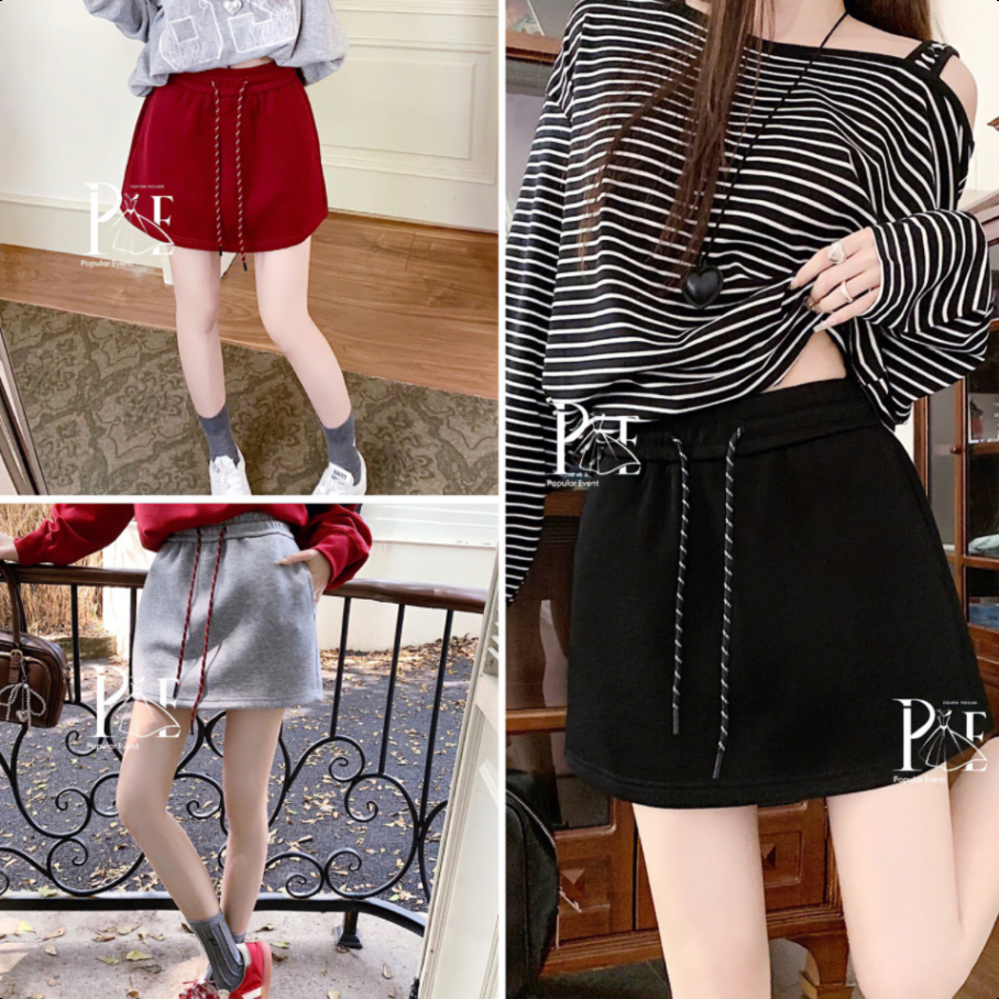 พร้อมส่ง กระโปรงวอร์ม แบบสั้น เอวสม็อค รุ่นมีเชือกรูด ทรงเข้ารูป เนื้อผ้านุ่มนิ่ม แมทซ์ลุคง่าย แฟชั่นสไตล์เกาหลี – โปรปัง