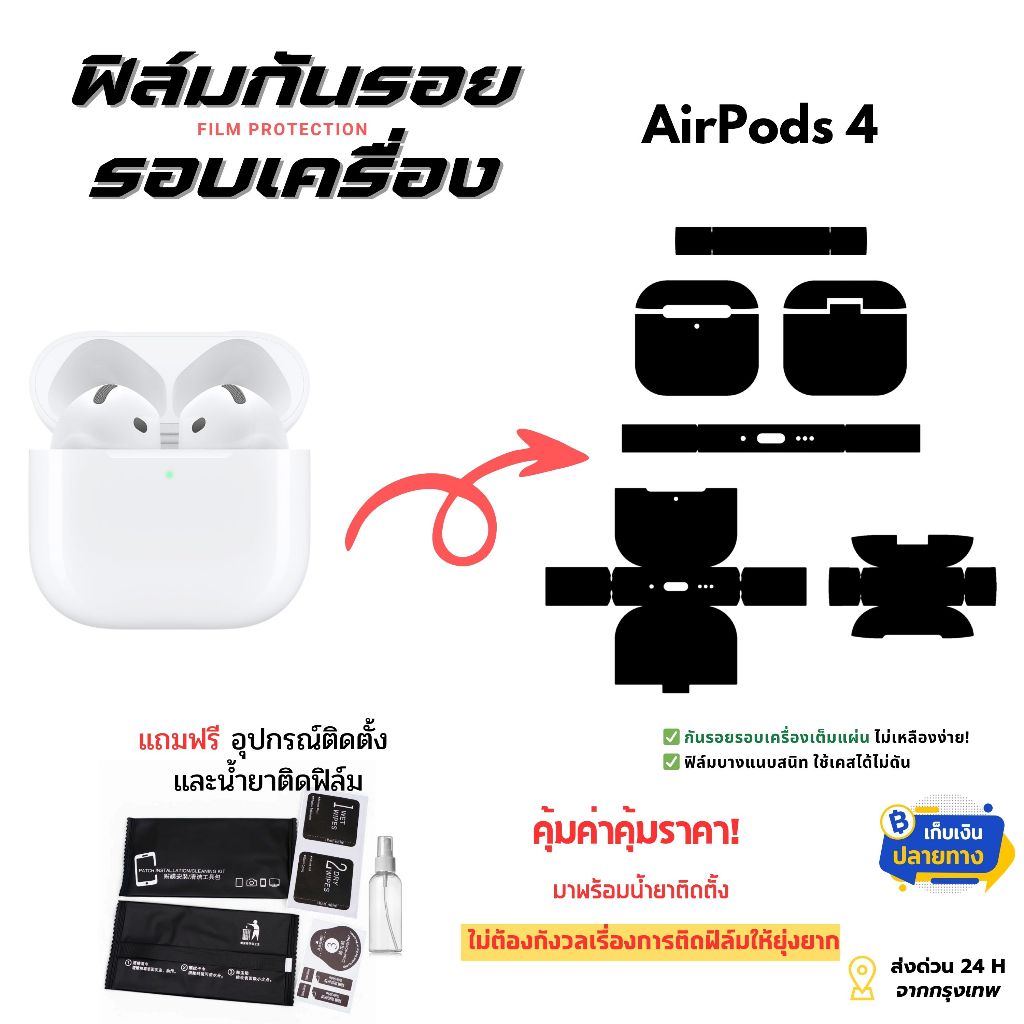 ฟิล์มกันรอย AirPods 4 [ตรงรุ่น] ฟิล์มกันรอยรอบตัวเคส AirPods 4 (ไม่ใช่กระจก)