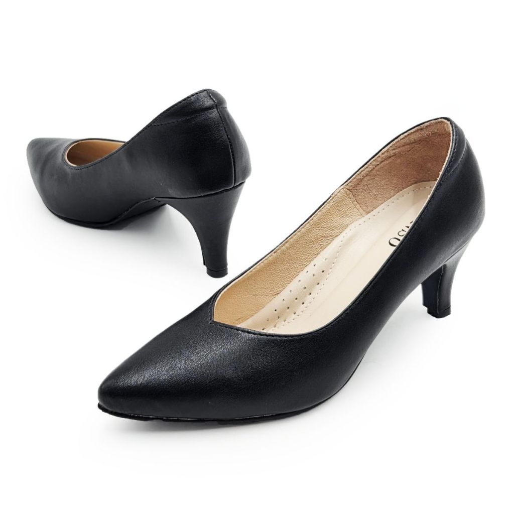 Sensoรองเท้าคัทชูใส่ทำงานส้นสูงสีดำซับหนังแท้D62094