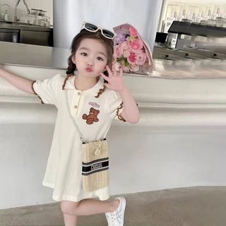 1-9 ปี ชุดกระโปรงเด็กผู้หญิง ชุดเดรสโปโล ลายหมี แฟชั่นฤดูร้อน สไตล์เกาหลี สําหรับเด็กผู้หญิง