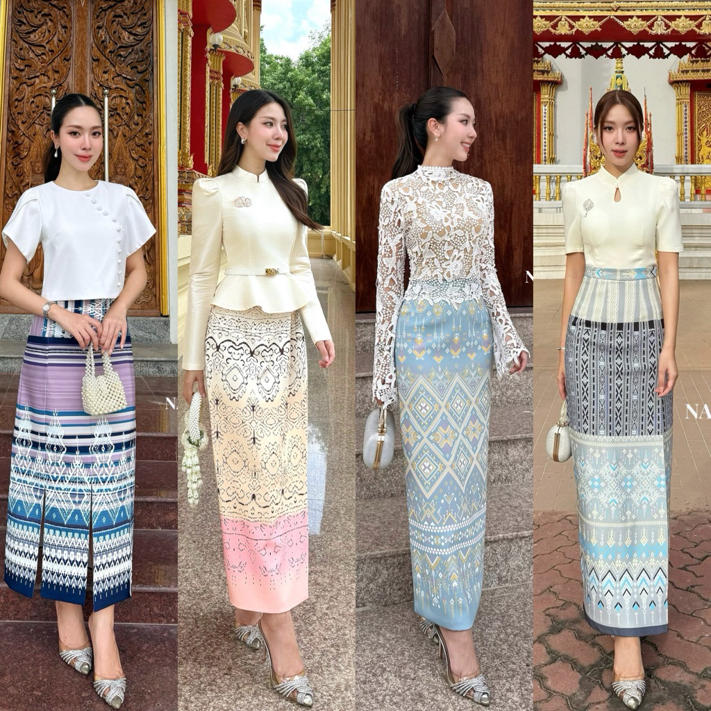 VEGAS,NABI•Set เสื้อ+ กระโปรง ผ้าลายไทย เสื้อลูกไม้แขนยาว กระโปรงทรงป้ายหรูหรา