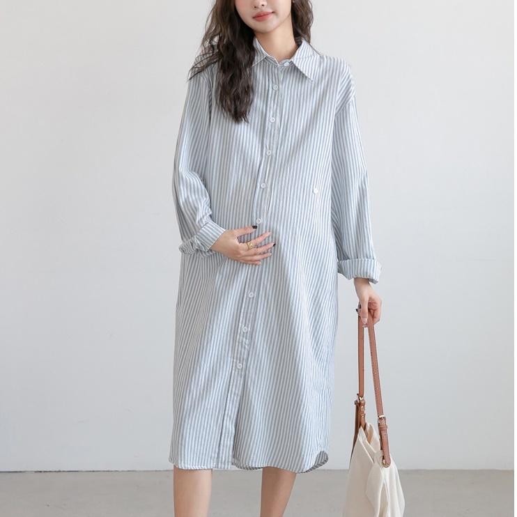 ชุดคลุมท้อง - เดรสเชิ้ตยาวลายริ้วแบบน่ารักเก๋ๆน่าใส่มีกระเป๋าข้าง งานผ้าคอตตอนผ้านิ่มนุ่มใส่สบาย