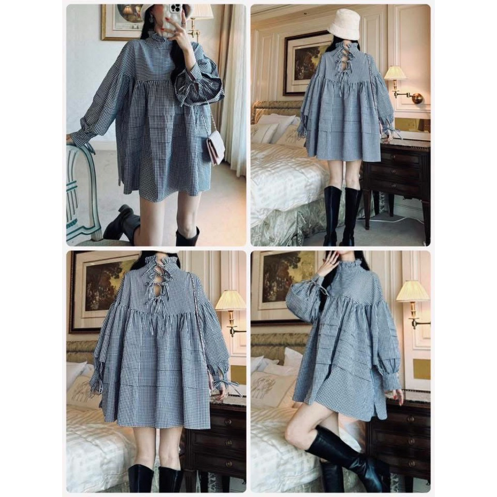 Minidress x size M-L ลายสก้อต แขนพอง สวยมาก อก 38-40 ยาว 30.5  Code: 4965(6)