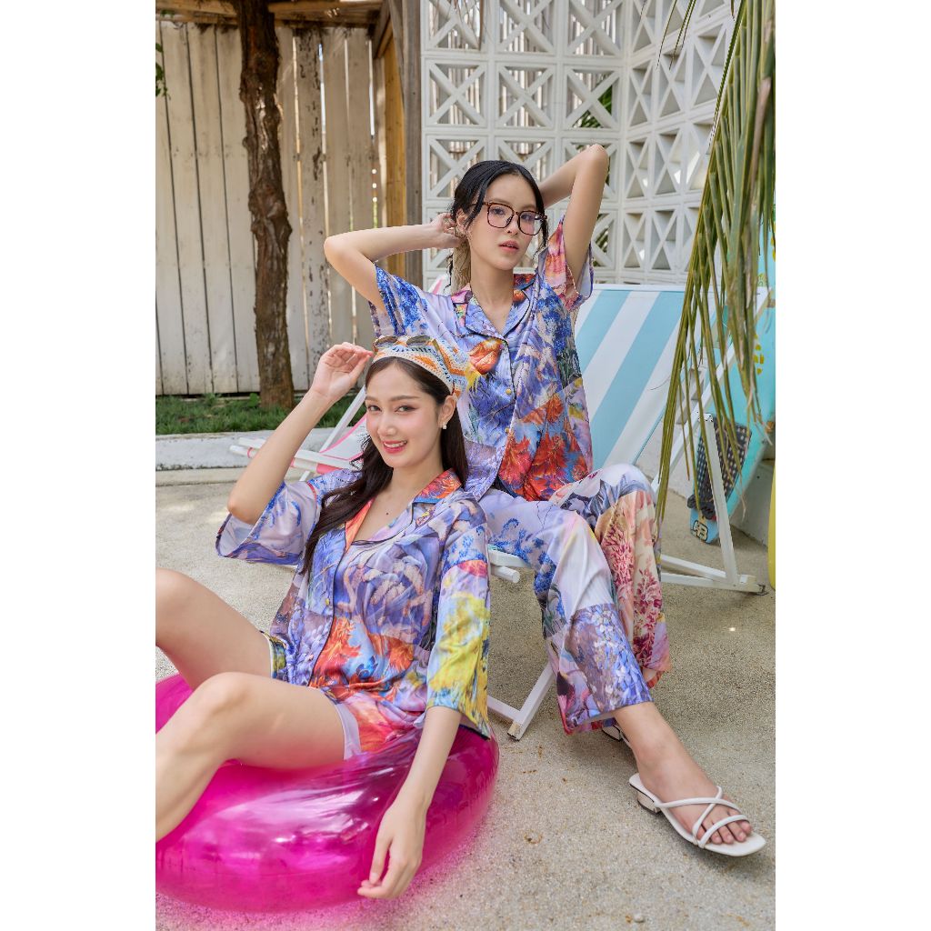 ชุดนอน Muslin Pajamas Silk Satin รุ่นภาพวาด (W237 V237) | ชุดนอนผู้หญิง,ชุดนอนชุดเที่ยว