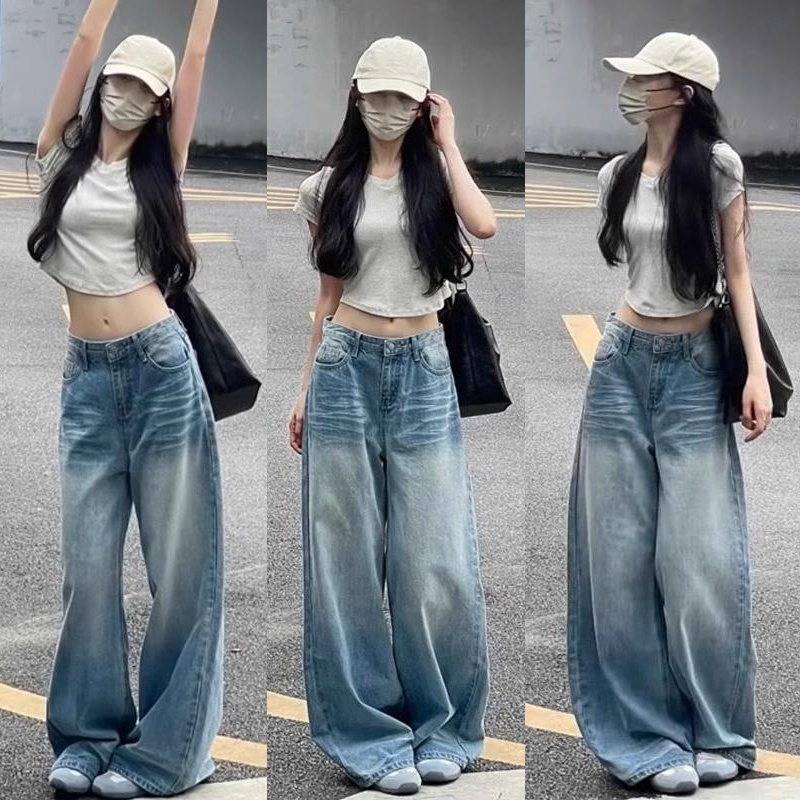 Beautified กางเกงยีนส์ขากว้างรุ่นใหม่ เอวสูงขายาวขึ้นหลวมคลุมสะโพกดูสูงดูผอม รูปร่างลูกแพร์ ขนาดใหญ่