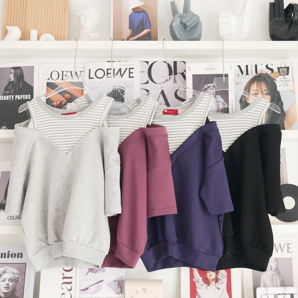 Lawyer Store [ 723144 ] เสื้อแขนสั้น แต่งเสื้อกล้ามริ้วด้านใน ผ้า super soft ใส่ไปเที่ยว เสื้อยืดคอว