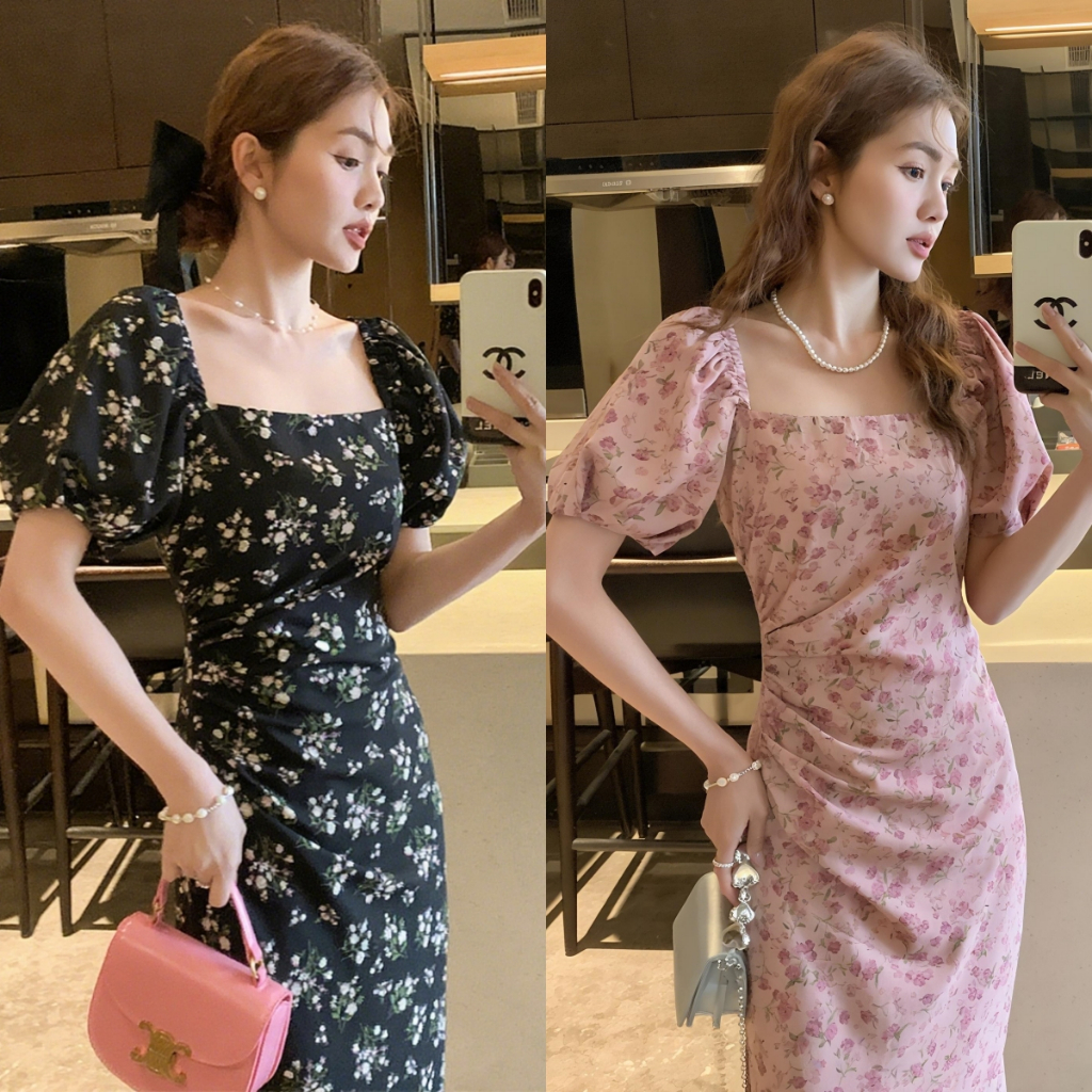 ชุดเดรสลายดอกไม้สไตล์ฝรั่งเศส ชุดเดรสยาวสำหรับผู้หญิง แขนพอง คอเหลี่ยม เปิดหลัง ผ่าข้าง เหมาะสำหรับออกเดท