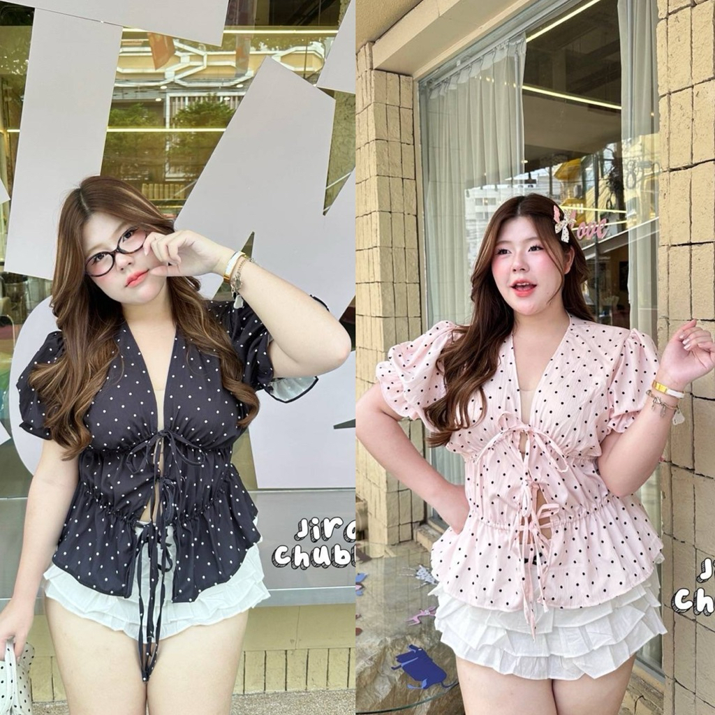 j เสื้อสายผูก ลายจุด Polka dot สุดฮิต แขนตุ๊กตา สม็อคช่วงเอว