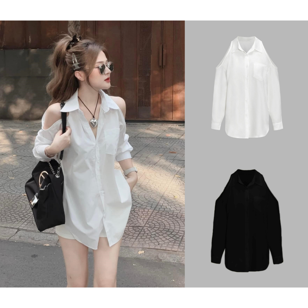 สินค้าพร้อมส่ง เสื้อผ้าไหมอิตาลีแขนยาวกระดิ่งเว้าไหล่กระดุมหน้า**เสื้ออย่างเดียว** A4221 Clothing Lady