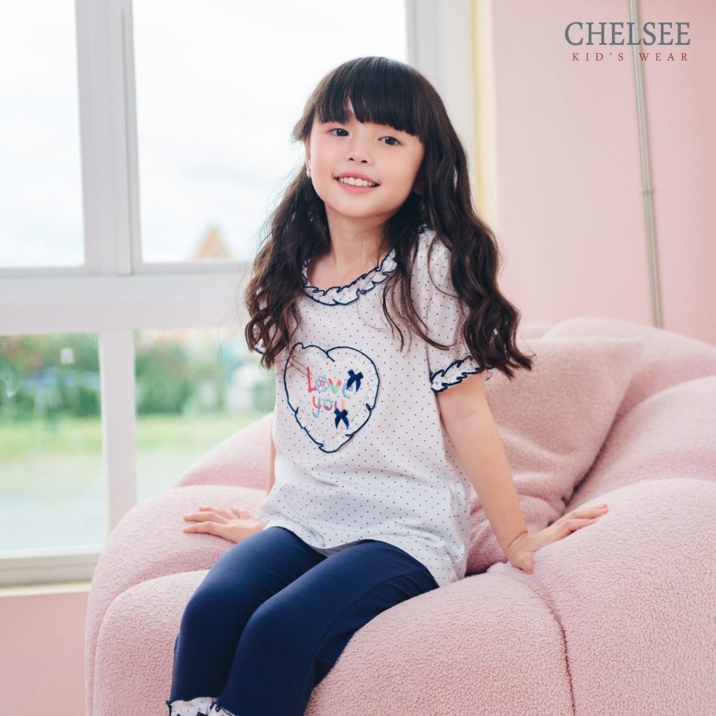 Chelsee เสื้อยืดคอกลม ลายหัวใจ แขนแต่งระบาย ผ้า 100%Cotton เด็กผู้หญิง อายุ 1.5-10 ปี เสื้อผ้าเด็กโต รุ่น 238163