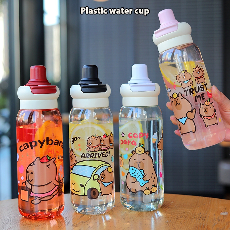 ถ้วยพลาสติกใส Capybara การ์ตูนน่ารัก ขวดน้ํา ถ้วยนมกันฝุ่นรั่วซึม 750ml ขวดดื่มถ้วยกาแฟ พิมพ์ปลาโลมา T01292