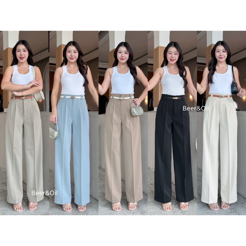 B0043  Beer&Oil กางเกงขายาวเอวสูงผ้าลิลลี่2หู งานตะขอหน้าขอบในตัวหน้าเรียบ แต่งดีไซน์หูเข็มขัด