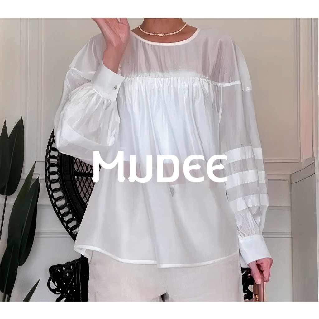 MUDEE เสื้อเบลาส์คอกลมแขนพองสีออฟไวท์ ผ้าเทนเซล
