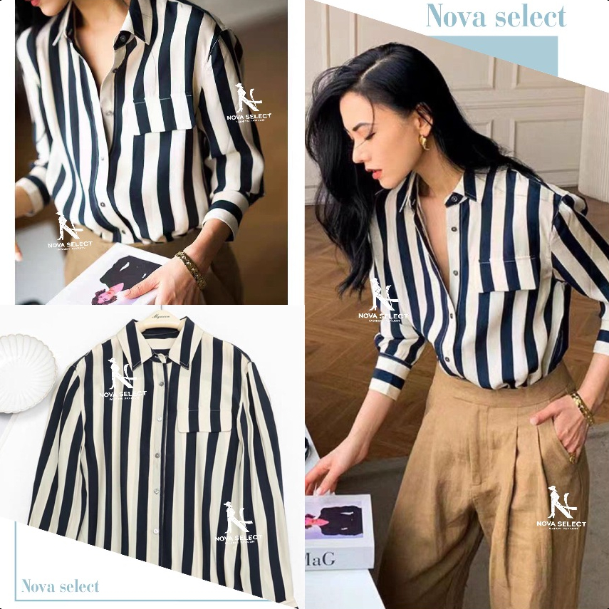 พร้อมส่ง เสื้อเชิ้ต ลายทางแขนยาว คอปก เรียบง่าย กระดุมผ่ากลาง กระเป๋าแต่ง สไตล์ใบไม้ผลิ ใส่ได้ทุกโอกาส