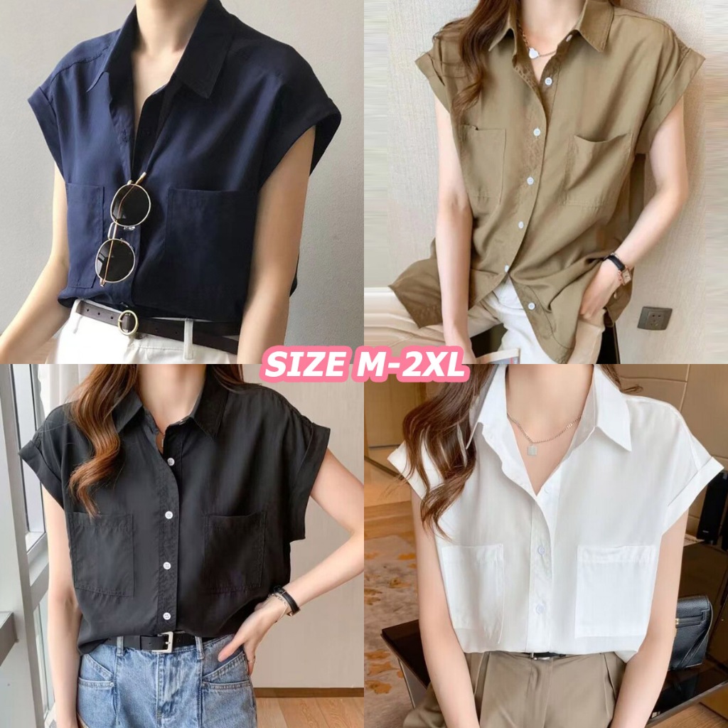 STYLE#เสื้อกั๊กแขนกุด เสื้อเชิ้ตแฟชั่นย้อนยุคฤดูร้อน สีพื้น หลวม ดีไซน์เกาหลี ปกบาง เรียบง่าย สำหรับผู้หญิง รุ่นw589