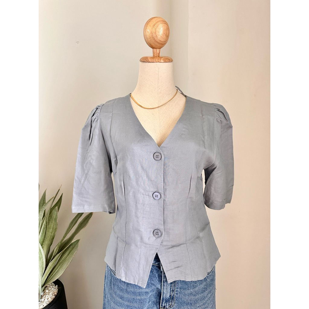 OYSHO - เสื้อ LINEN คอ V กระดุม สไตล์ BOHO - แท้ 💯 ใหม่