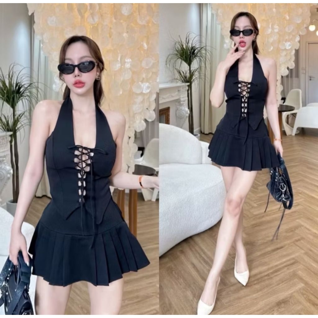 Poshie set ชุดเซ็ท2ชิ้นผูกอกสีดำ มือ 1