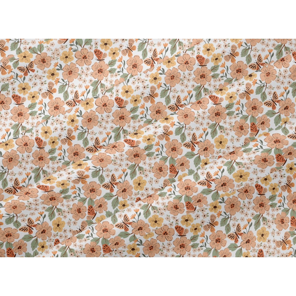 ผ้าคอตตอน 100% ทอทวิล ผ้าเมตร พิมพ์ลายดอกไม้กับผีเสื้อ หน้ากว้าง 1.6 เมตร