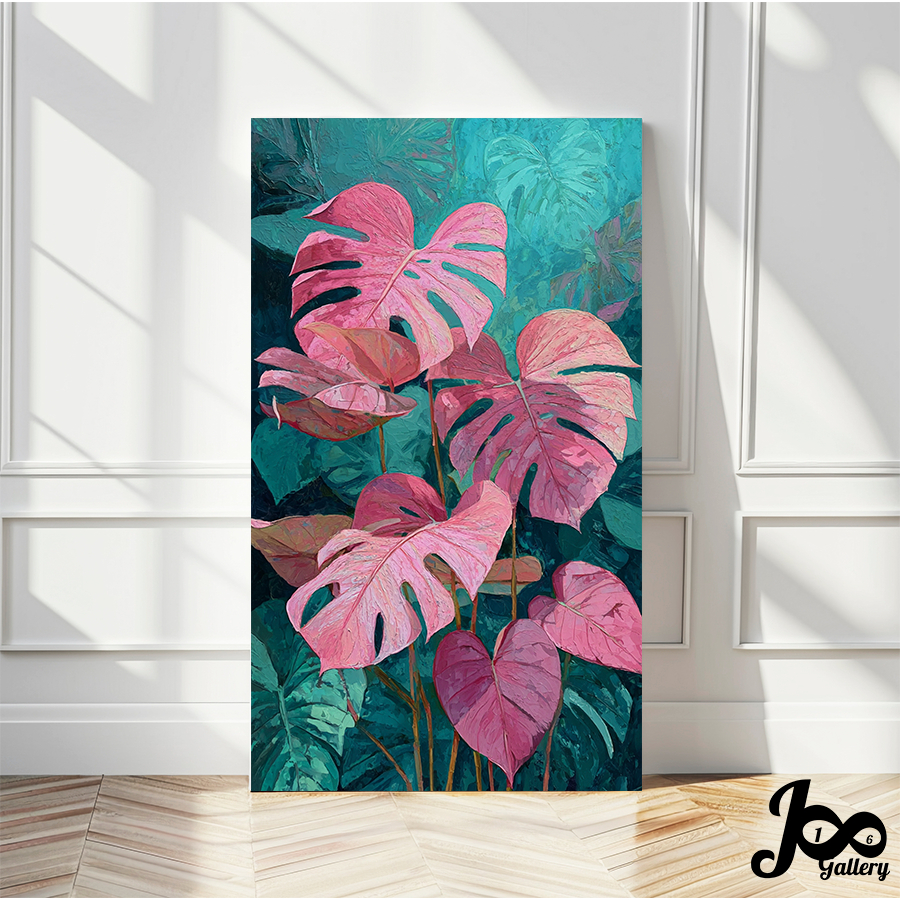 ภาพมินิมอล ใบไม้สีชมพู แขวนผนัง ตกแต่งบ้าน สีสวยคมชัด คุณภาพดี ส่งจากไทย