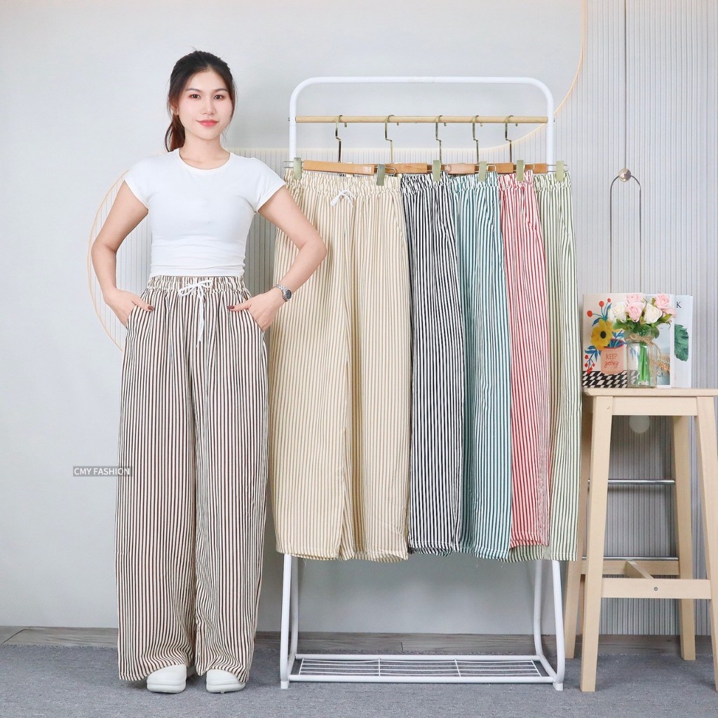 กางเกงขายาวผู้หญิง 9ส่วน ทรงขากระบอกใหญ่ ลายทาง ผ้าบับเบิ้ล เนื้อผ้านิ่ม ดีไซน์ทรงสวย สาวอวบใส่ได้ p993#
