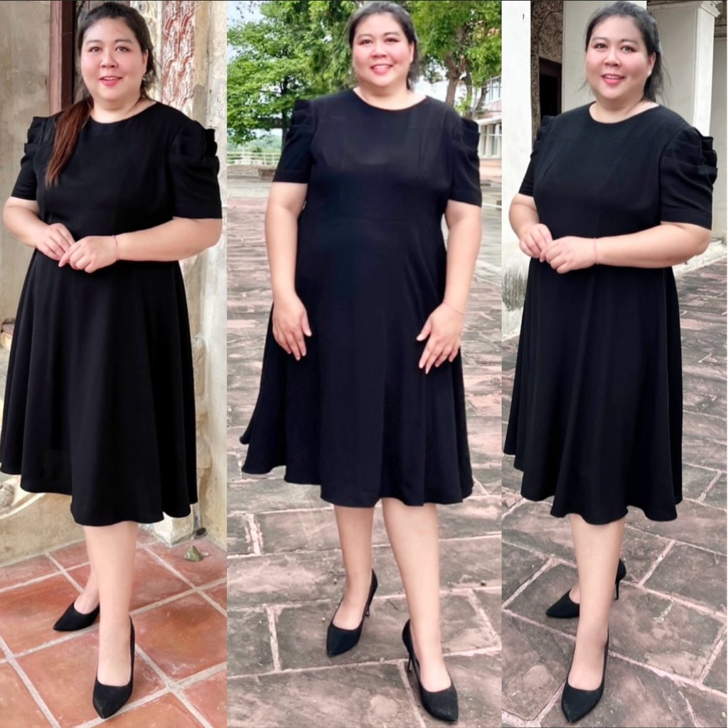 ชุดเดรสสาวอวบคอกลมแขนพอง ชุดทํางาน งานขาวดํา ใส่เที่ยว ชุดออกงาน