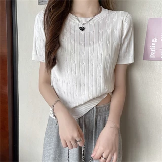 MQzz4289 *พร้อมส่ง* เสื้อไหมพรมแขนสั้น เสื้อยืดผู้หญิง กันหนาว ลายถักยาว ใส่ดูดี เข้ารูปหุ่นดี อก 40 นิ้วใส่ได้ Freesize