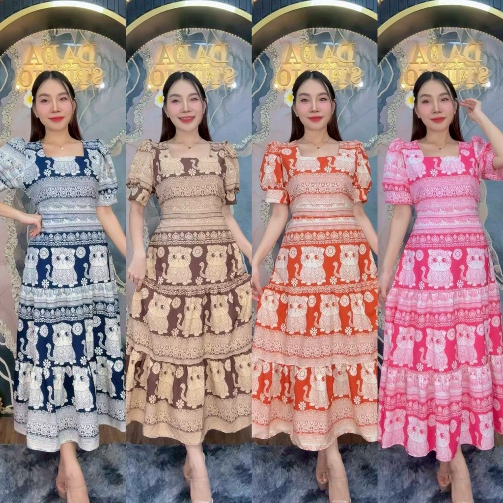 พร้อมส่ง เดรสลายแมวผ้าไหมอิตาลีแขนสามส่วน มีอก 38 กับ อก 42