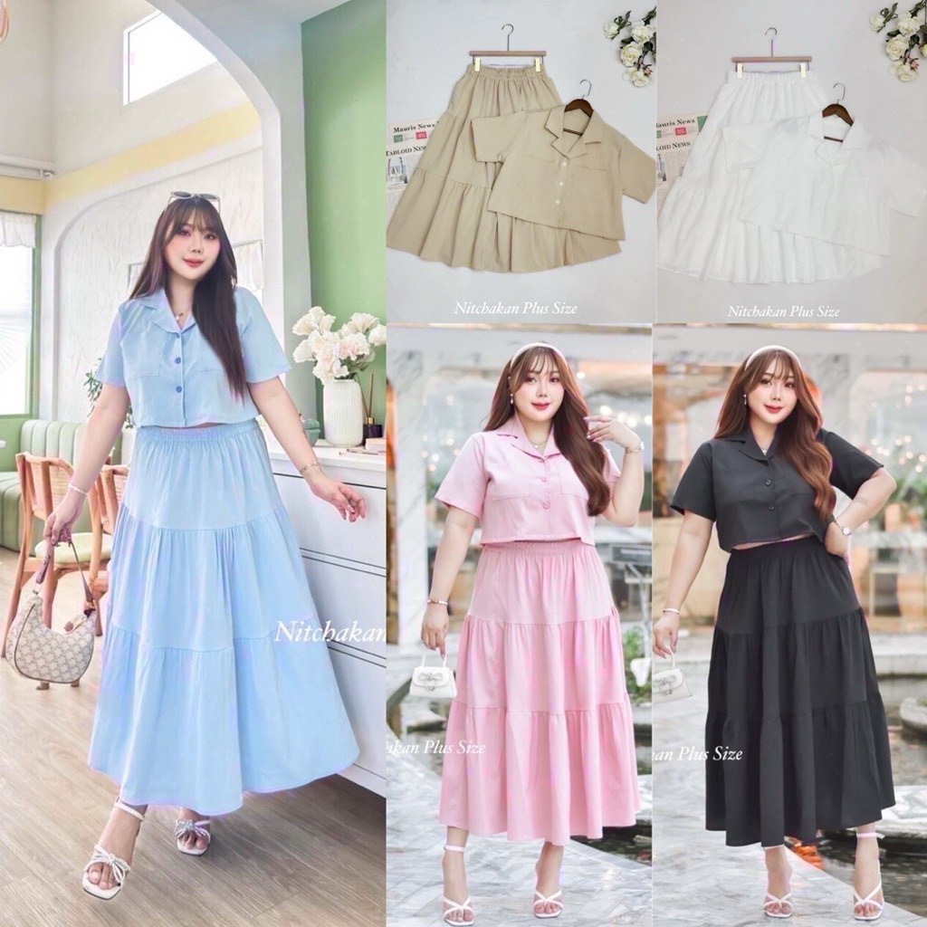 ✅ลายจุด /NK/ ชุดเซ็ตสาวอวบ มีไซส์อก42-58 เสื้อปกฮาวายกระดุมดอกไม้+กระโปรงยาว #เสื้อผ้าไซส์ใหญ่ พลัสไซส์