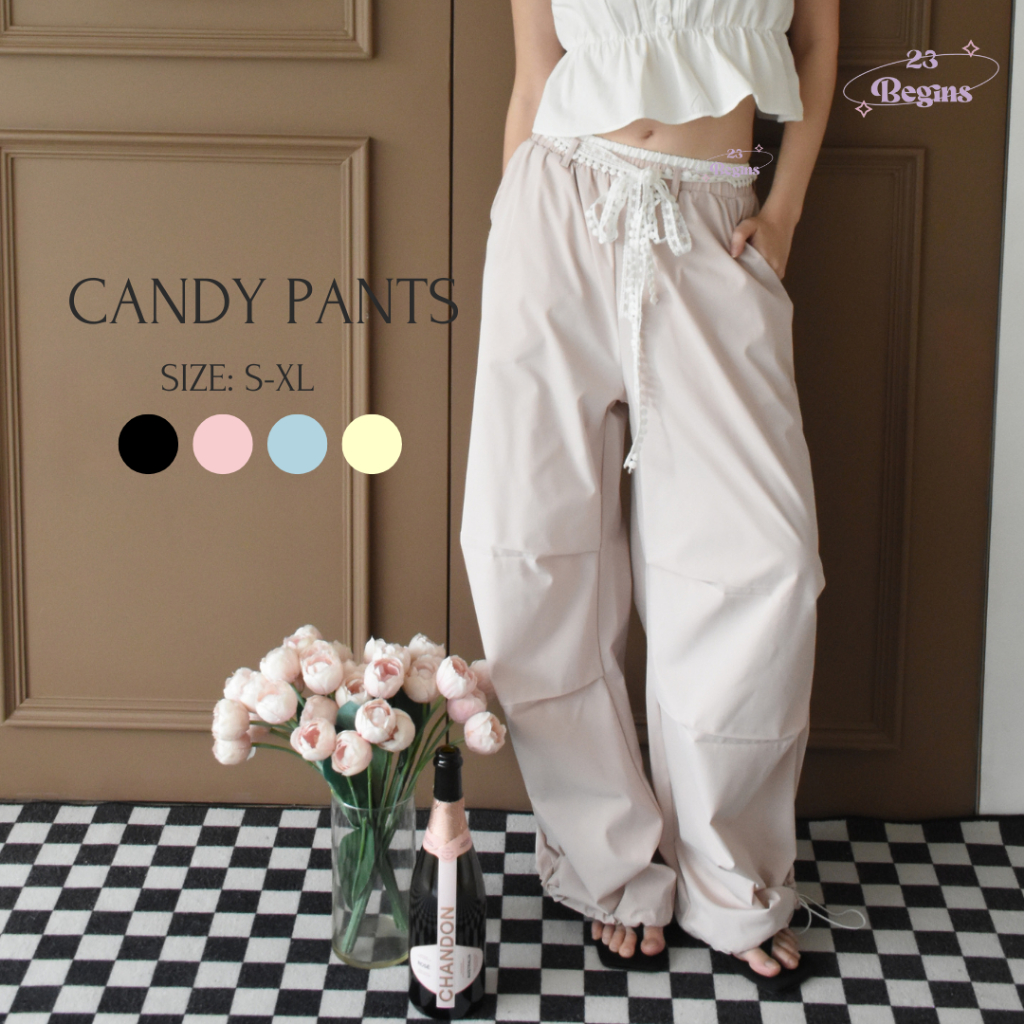 Candy Cargo Pants กางเกงขายาว มีเชือกลูกไม้ ปลายขารูดได้ (7222)