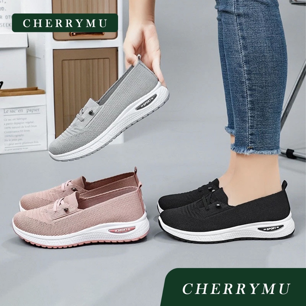 CHERRYMU รุ่นQZ161 รองเท้าผ้าใบแบบสวมง่าย สี ดำ / เทา / ชมพู