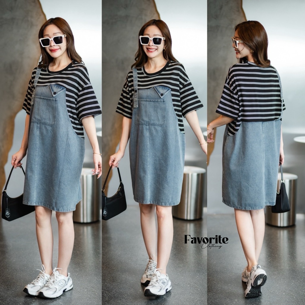 🌈🌿🌼🌺🌸🖤💙🇰🇷 Jeans Patch Stripe&Plain Dress