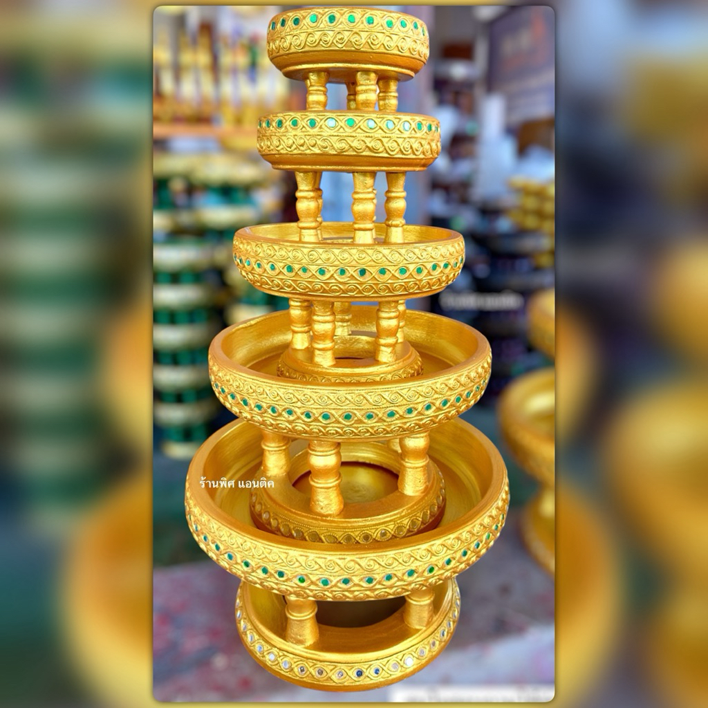 ขันโตก พานโตกไม้ สีทองอะคิลิค ลายตัวหนอน