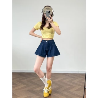 S-5XL กางเกงยีนส์ขาสั้นทรงขากว้าง แต่งจิ๊บ ผ้ายีนส์ไม่ยืด