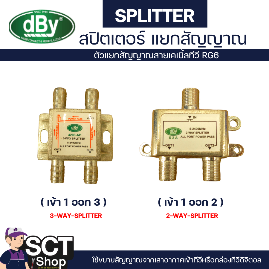 DBY ตัวแยกสัญญาณสายเคเบิ้ลทีวี RG6 เข้า 1 ออก 2, เข้า 1ออก 3 สปิตเตอร์ แยกสัญญาณ