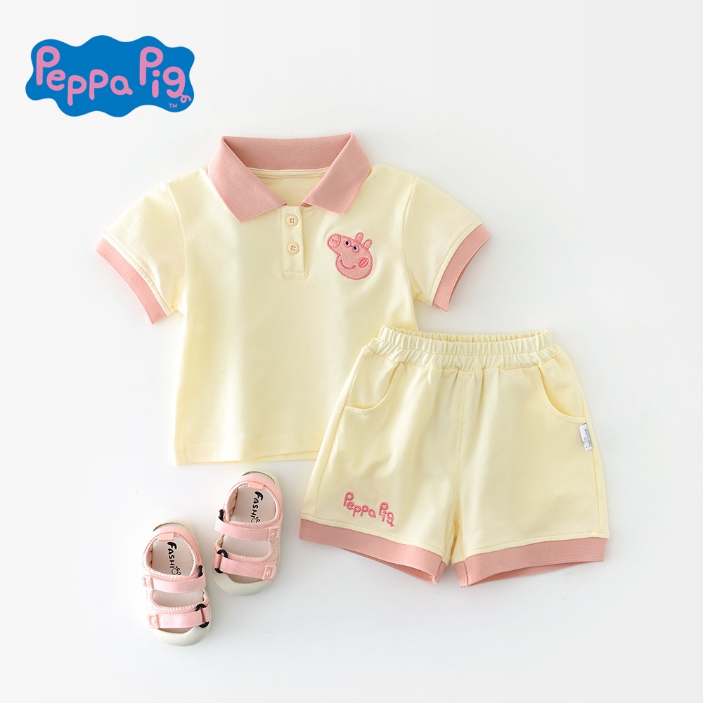 NT baby - 142 (สินค้าพร้อมส่งจากไทย) "Peppy Pink Polo Set 🩷 ชุดเด็กโปโลหมูน้อยสุดคิ้วท์" (ไม่มีถุงเท้า)