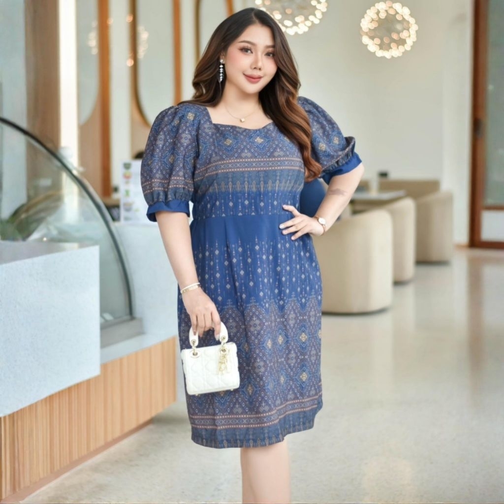 เดรสลายไทย อก42-60นิ้ว ไซส์ใหญ่ พิมพ์ลายไทย แขนตุ๊กตา ผ้าคลัช ยางยืดหลัง สีสวยมาก ชุดครู งานบุญ สาวอวบ MG25-0 - รูปที่ 2