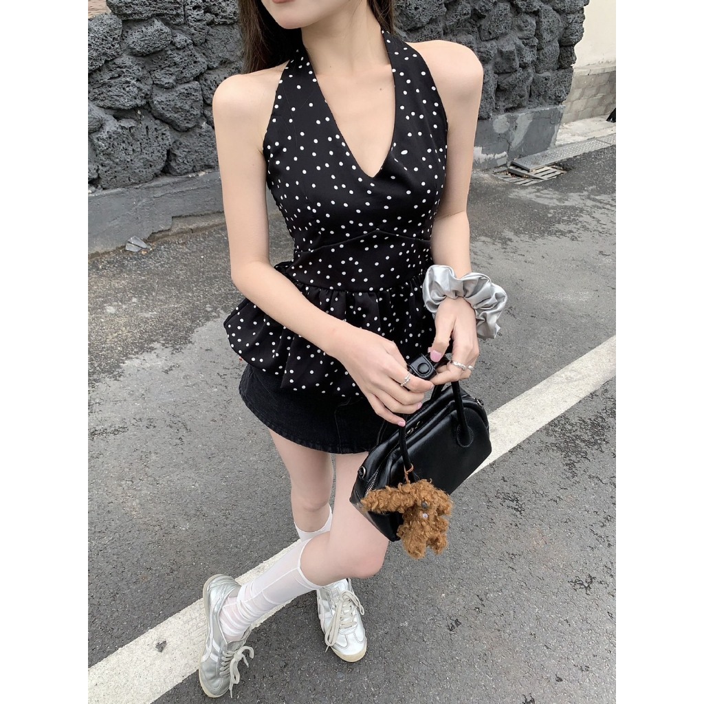 พร้อมส่งเสื้อกล้ามลายจุดคอวีงานเข้ารูป ชายระบาย หลังสม็อค รูปที่ 7